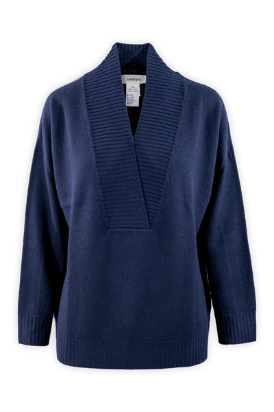 Maglione basico in pura lana merinos con scollo a coste