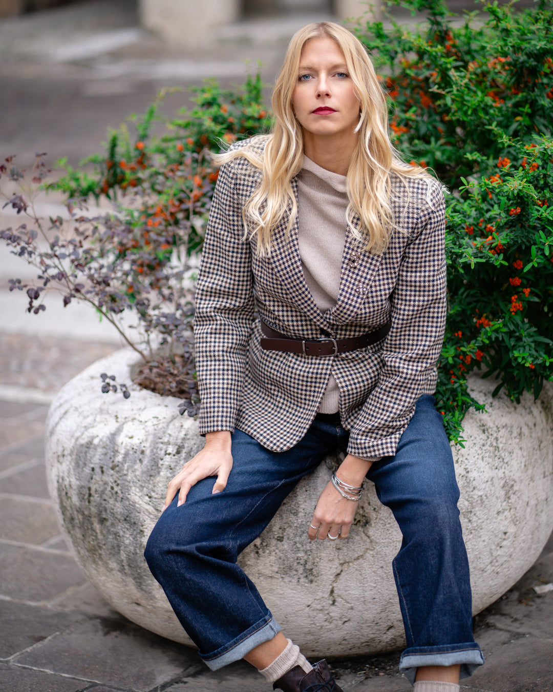 Check Blazer with Jewel Embellishments