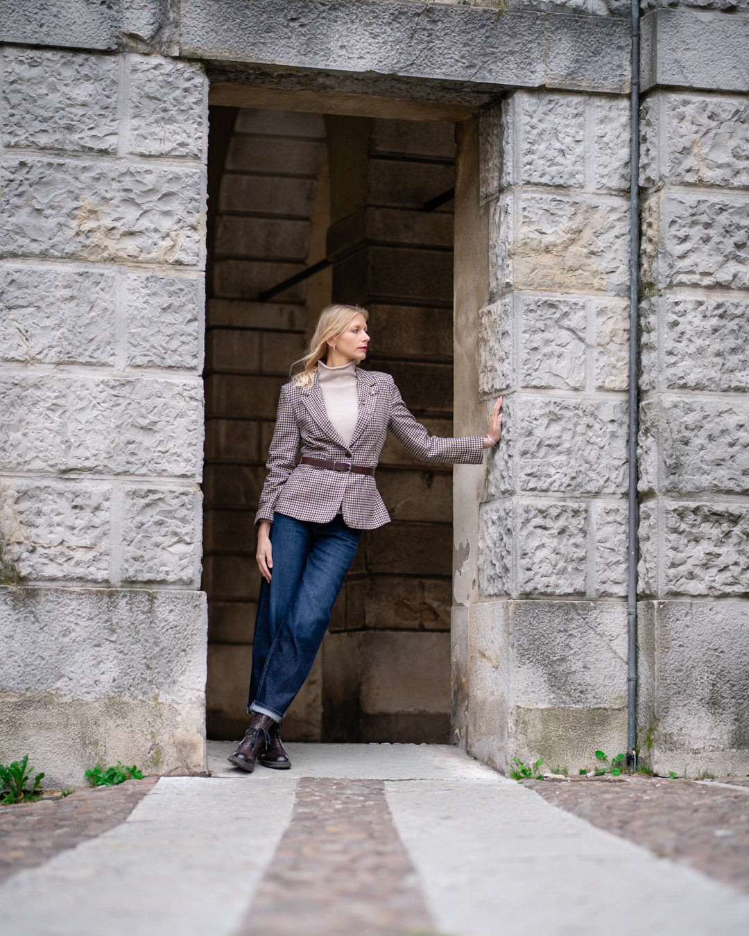 Check Blazer with Jewel Embellishments