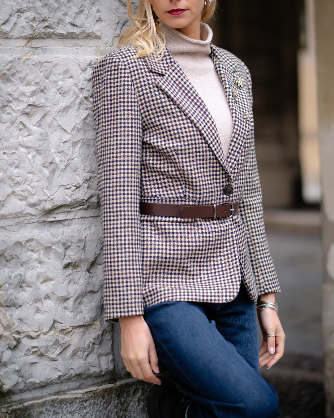 Check Blazer with Jewel Embellishments