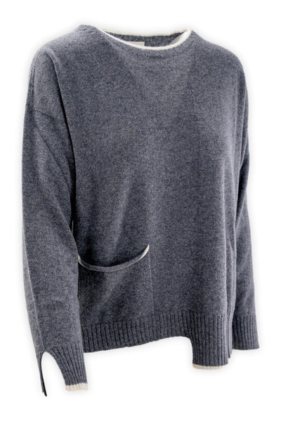 Pure cashmere crew neck sweater with pocket and contrasting trim