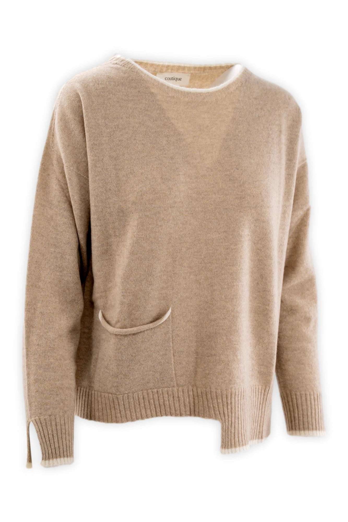 Maglia girocollo in puro cashmere con taschina e profili a contrasto