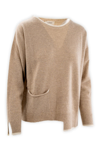 Pure cashmere crew neck sweater with pocket and contrasting trim