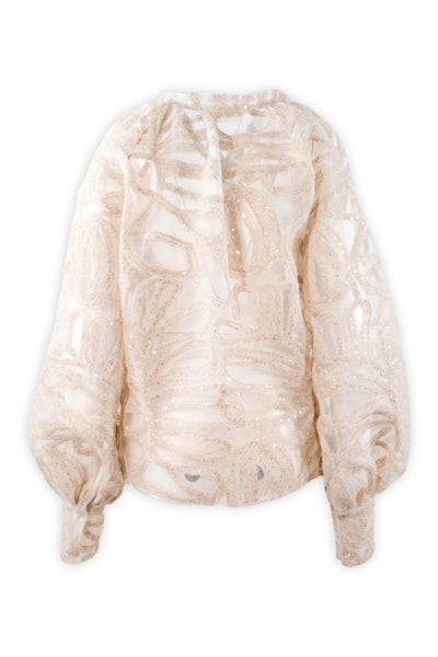Camicia balloon in organza ricamata in lana e paillettes