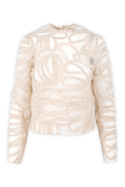 Blusa in tulle con ricami in lana