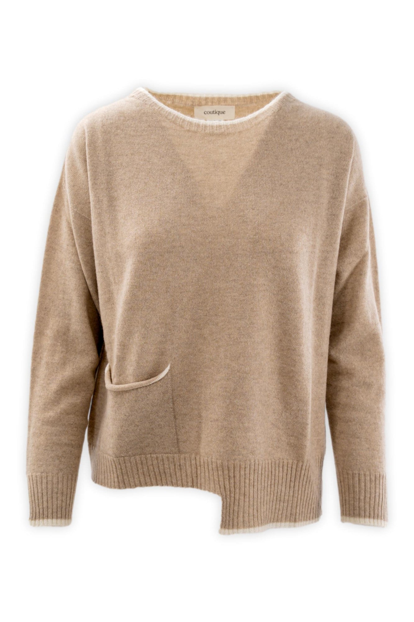 Maglia girocollo in puro cashmere con taschina e profili a contrasto