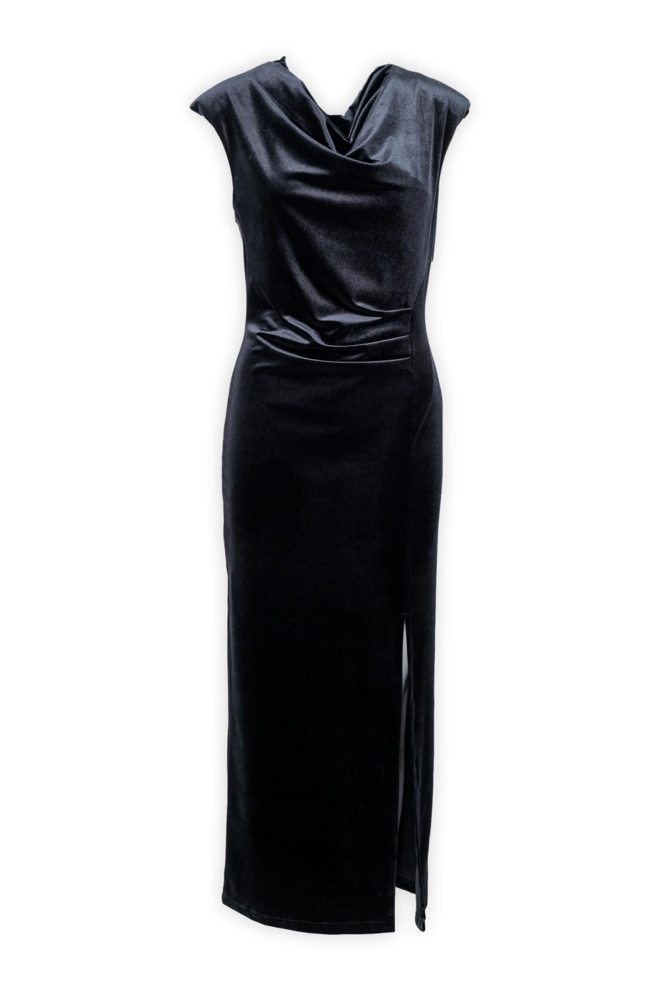 Abito lungo smanicato in ciniglia con spalle strutturate