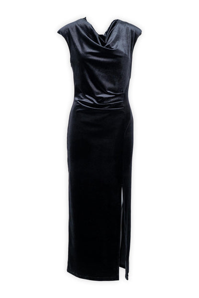 Abito lungo smanicato in ciniglia con spalle strutturate