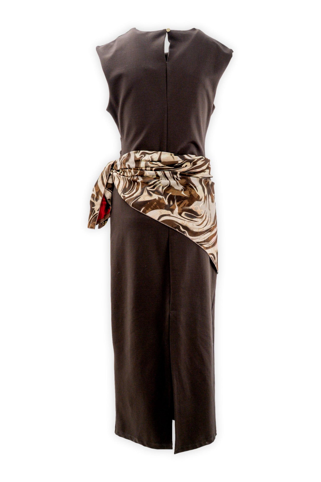 Vestito lungo smanicato con arriccio laterale