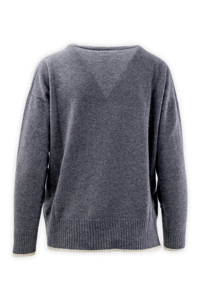 Pure cashmere crew neck sweater with pocket and contrasting trim