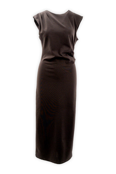 Long sleeveless dress with side ruffle