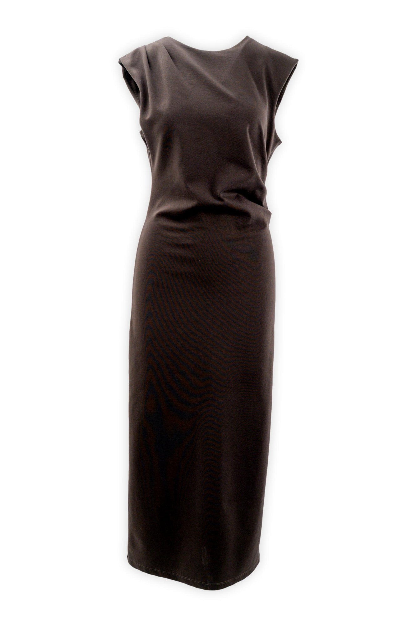 Vestito lungo smanicato con arriccio laterale