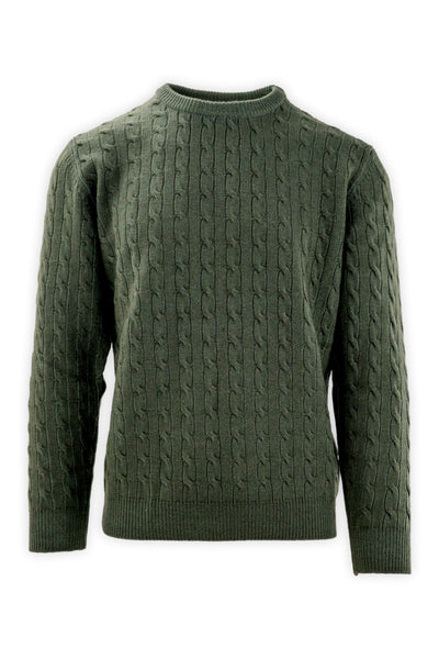 Crew neck cable knit sweater in pure merino wool.