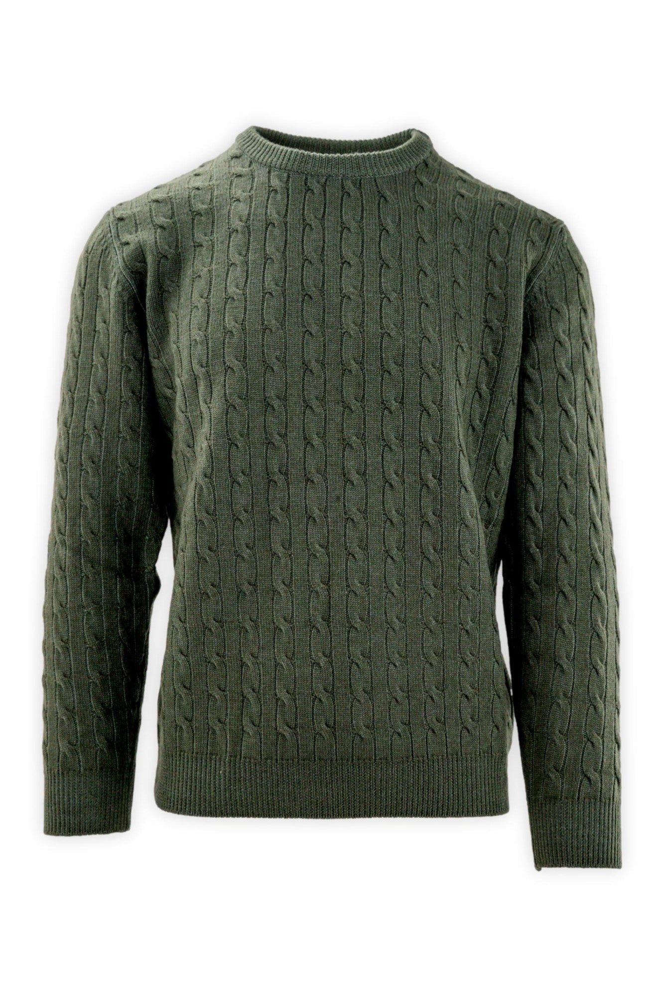Maglia girocollo a trecce in pura lana merinos.