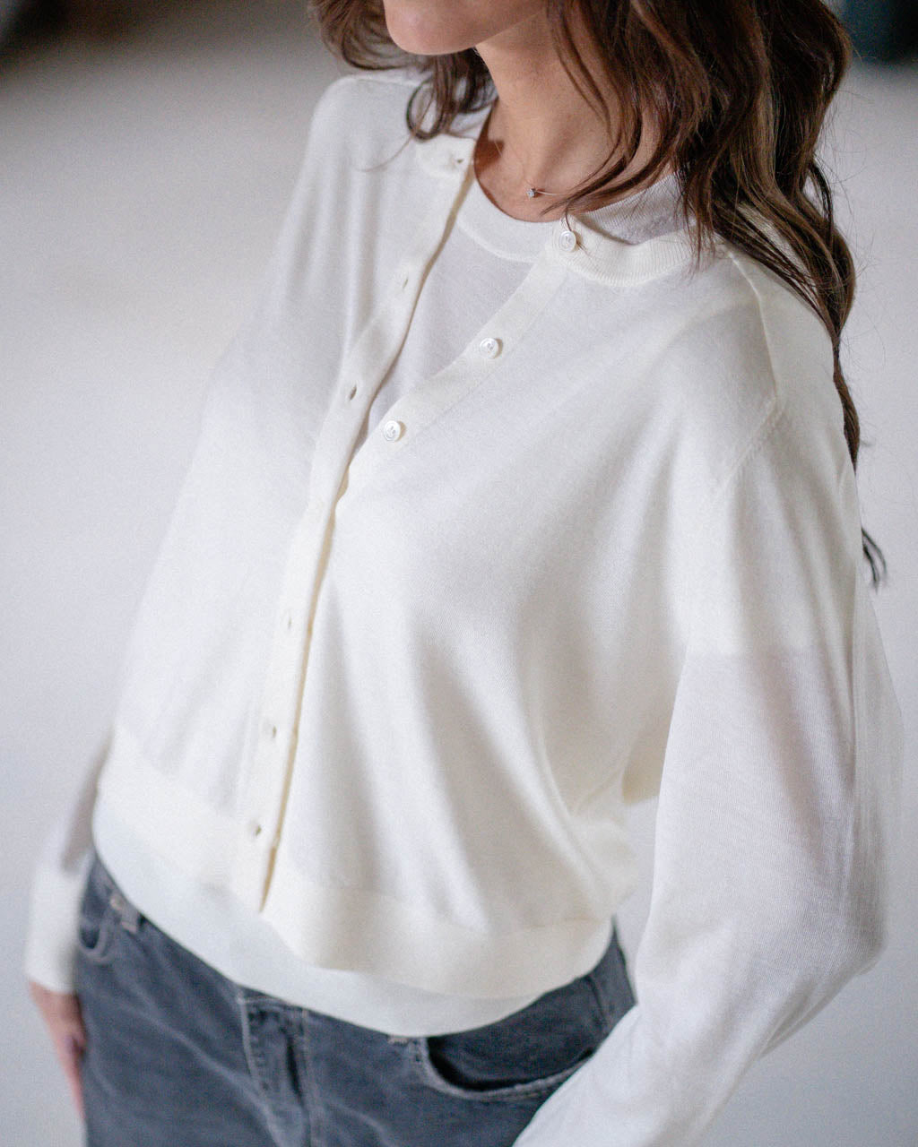 Crew neck sweater with half sleeves in pure wool