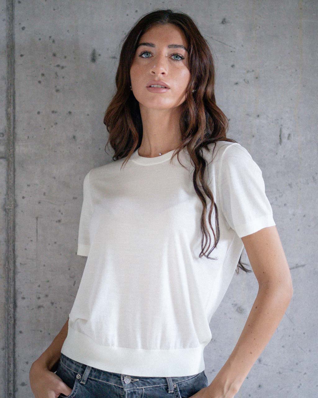 Crew neck sweater with half sleeves in pure wool