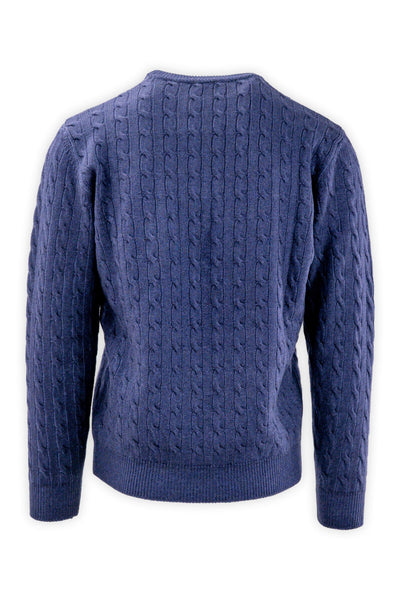 Crew neck cable knit sweater in pure merino wool.