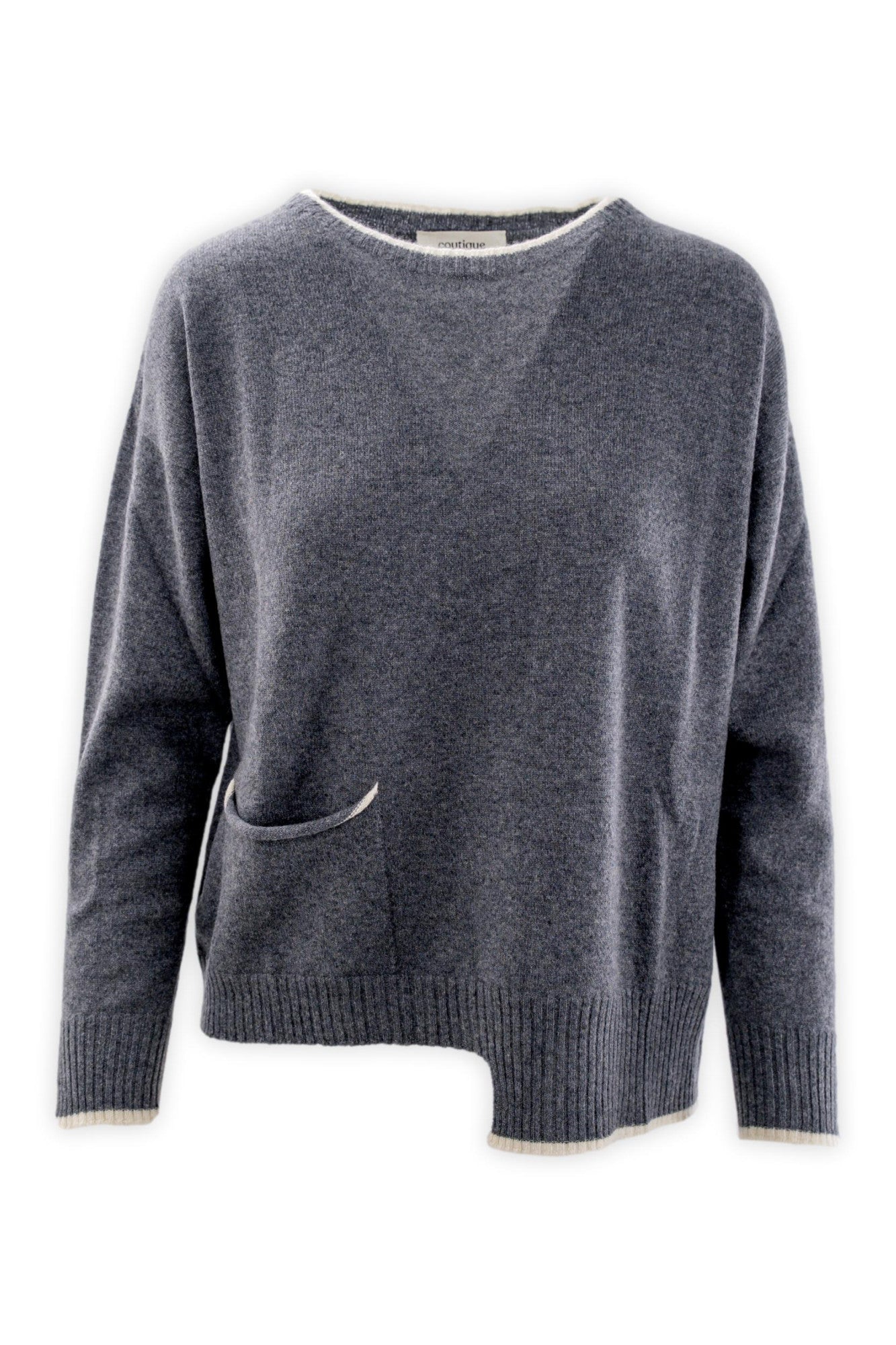 Maglia girocollo in puro cashmere con taschina e profili a contrasto