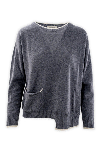 Pure cashmere crew neck sweater with pocket and contrasting trim