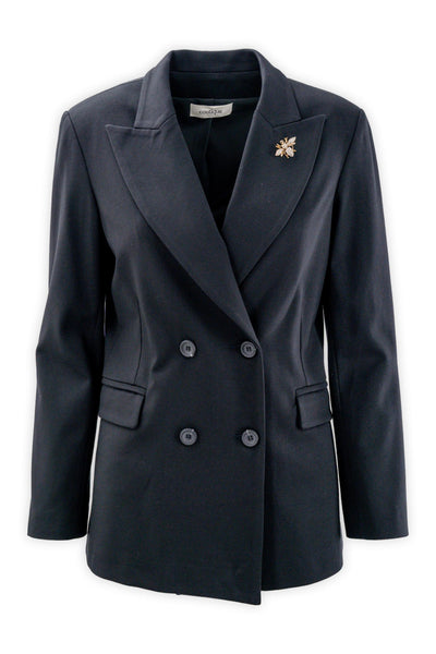 Double-breasted blazer with peak lapels and jewel brooch