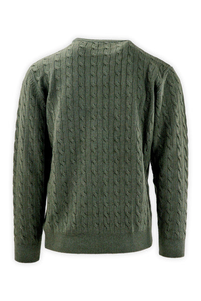 Crew neck cable knit sweater in pure merino wool.