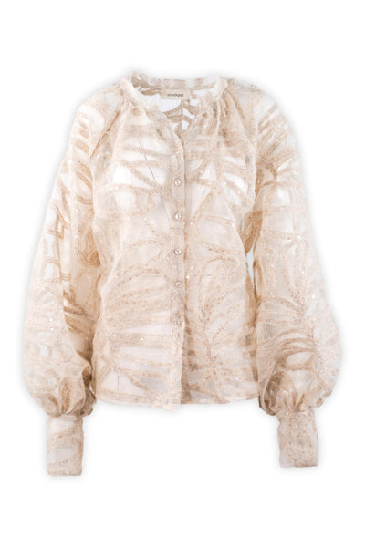 Camicia balloon in organza ricamata in lana e paillettes