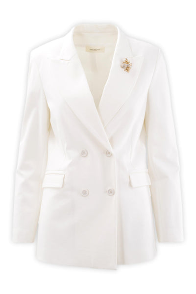 Blazer doppiopetto con rever a lancia e spilla gioiello