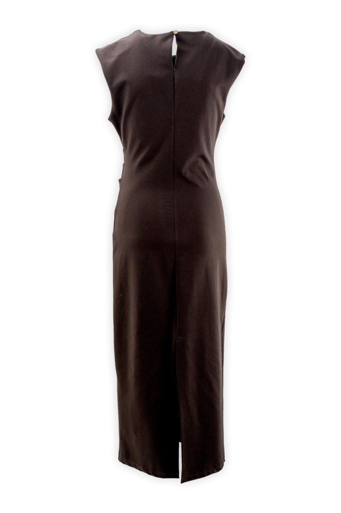 Vestito lungo smanicato con arriccio laterale