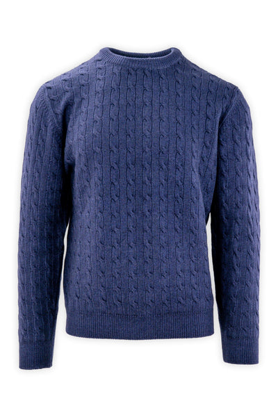 Crew neck cable knit sweater in pure merino wool.