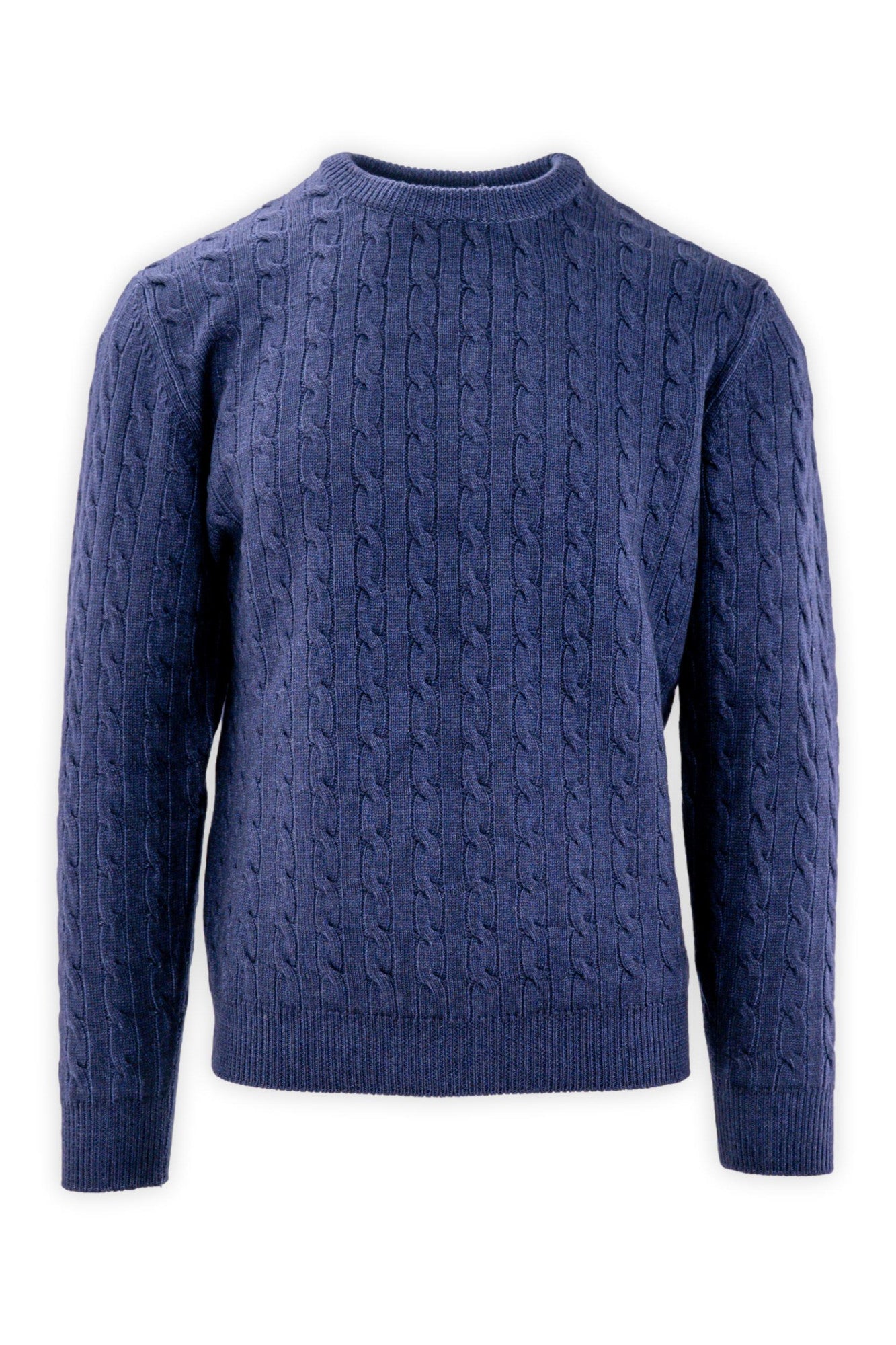 Maglia girocollo a trecce in pura lana merinos.