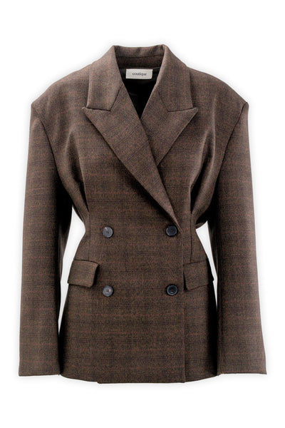 Giacca doppiopetto check con pinces arricciate in vita